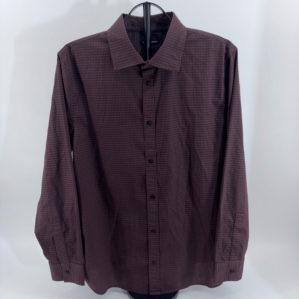 Karl Lagerfeld Paris Mens Large Burgundy Houndstooth Long Sleeve Button Down - Picture 3 of 7